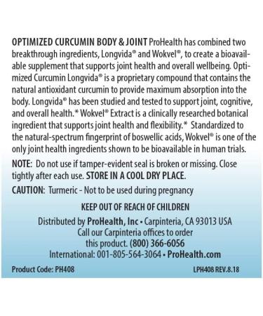 ProHealth Body & Joint - Curcumin Longvida 60 Veggie Capsules - 60 Count - Buy Online on GoSupps.com