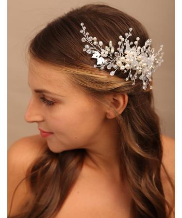 BERYUAN Women Pearls Rhinestone Flower Beads Wedding Hair Comb Opal Rhinestone Pearls Silver Leaf Bride Headband Silver Wedding Hair Accessories for Bride Bridesmaid Girls