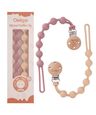 Pacifier Clips for Baby Boys Girl - 100% Food Grade Silicone  One Piece Pacifier Clip Holder  Wooden Clips Design  Paci Clip Soothe Baby Binky Holder for Shower Birthday Gift(Apricot+Powder Rose) Apricot+Powder rose Roun...