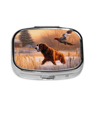 Dog Catching Pheasant Printed Square Pill Box Portable Travelling Pill Box Medicine Organiser