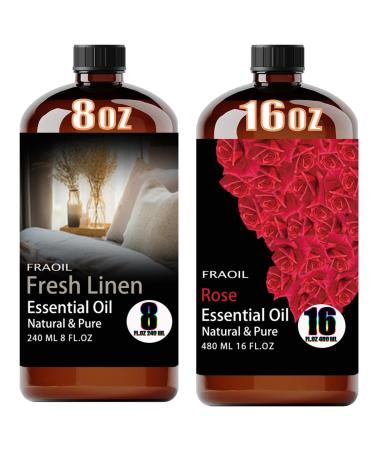 Fresh Linen Essential Oil 8 Fl Oz and Rose Essential Oil 16 Fl Oz for Diffuser Humidifier Yoga Cleaning DIY Candle Soap Making Perfume Gift for Essential Oils