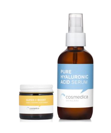 Cosmedica Skincare 100% L-Ascorbic Acid Powder & Hyaluronic Acid Serum Bundle Vitamin C Powder for Custom Skincare Boost & Hydrating Facial Moisturizer for Anti-Aging and Skin Brightening