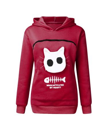 Women Long sleeve sweater hoodies with cat dog big bag cat pocket sweater with zipper dog cat bag bag sweatshirt sweater hoodie women warm long -sleeved shirt cat sweats red xxl