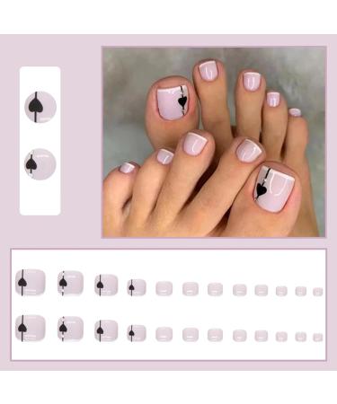 24Pcs Square False Toenails Nude Glossy French Black Heart Press on Toenails Short Stick on Toenails Acrylic Full Cover Artificial Summer Fake Toenails for Women and Girls Daily Decorations - Buy Online on GoSupps.com