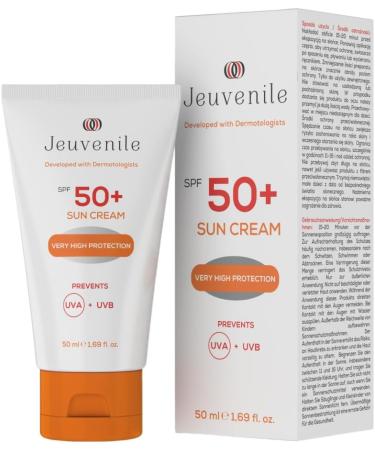 Jeuvenile SPF 50+ Sunscreen Cream for High UVA/UVB Protection and Skin Nourishment Fast Absorbing Non-greasy Spot reduction Moisturizing sunscreen for All Skin Types 50ml - Buy Online on GoSupps.com