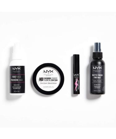 NYX Professional Makeup Travel Kit Primer Spray Finishing Powder Mini Mascara Setting Spray 4-Piece Makeup Set