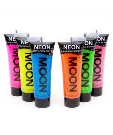 Moon Glow - Blacklight UV Glitter Face & Body Gel - 0.42oz Set of 6 - Blacklight Face Paint - glows brightly under Blacklight