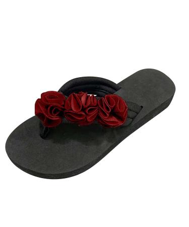 Summer Flip Flops Wedges for Women Flower Sandals for Women Wide Flat Casual Beach Flip Flops Sandals for Women 6.5 Wine