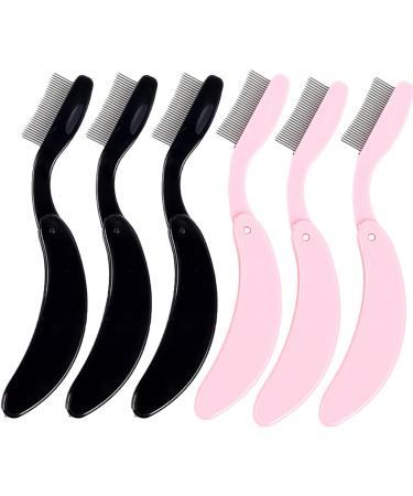 6 PCS Folding Eyelash Comb Stainless Lash Seperator Brow Comb Metal Teeth Eyebrow Mascara Applicator Eyelash Definer Arc Designed Cosmetic Brushes Tool for Define Lash (Black Pink)