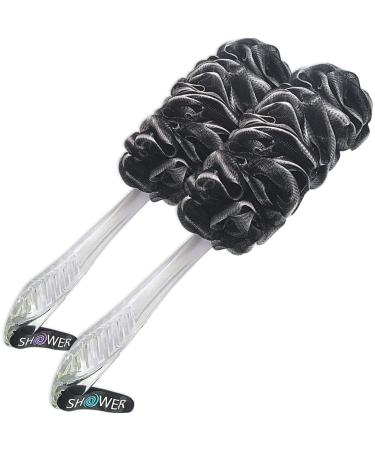 Loofah-Charcoal Back-Scrubbers 2-Pack-by-Shower-Bouquet: Long-Handle Bath-Sponge-Brushes with Extra Large Soft Mesh for Men & Women - Exfoliate with Full Pure Cleanse in Bathing Accessories