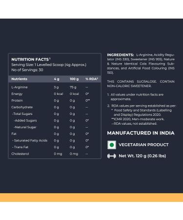 L-Arginine Supplement Cola Flavor Pre Workout Amino Acid for Endurance Muscle Building Healthy Immune System Powder - 120g - Buy Online on GoSupps.com