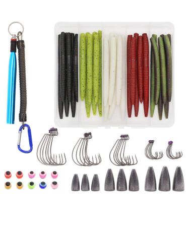 Senko-Worms-Bass-Fishing-Lure-Kit-Wacky-Rig-Worms-Soft-Plastic-Stick-Baits3 4" 5" 6 inch 80 Pieces Set with Texas Wacky Rig Tool and Hooks