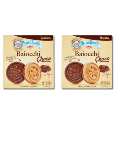 Mulino Bianco Biscuits Baiocchi Chocolate Individual Portions | Italian Biscotti Snacks 144gr | 6 Individually Wrapped Portions With 2 Biscuits Each (2x144g (12 portions))