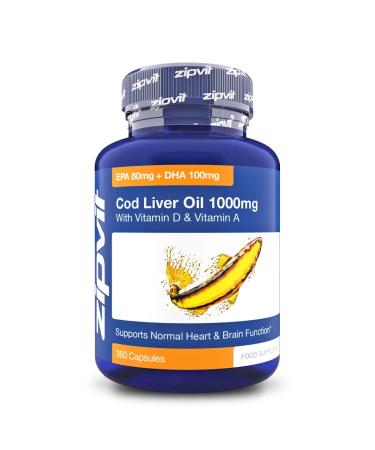 Cod Liver Oil 1000mg 360 Capsules of High Strength Fish Oil Rich in Omega 3. Supports Heart Health Brain Health Eye Health and Normal Blood Pressure Jar of 360 Softgel Capsules