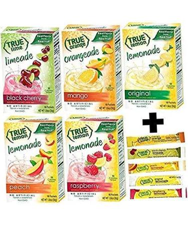 True Lemon Assorted Beverage Pack: (5boxes 10ct each) with 5 FREE BONUS Sticks of Lemonade! True Lemon Original Lemonade True Peach Lemonade True Black Cherry Limeade True Mango Orange and True Raspberry Lemonade. Assorted True Lemonade Drink Mixes. 55 Co - Buy Online on GoSupps.com