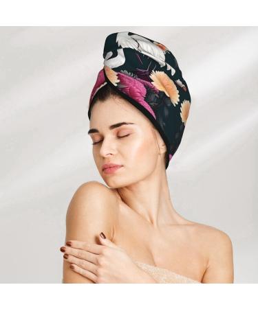 Two Cranes Chrysanthemum Coral Velvet Quick-Dry Hair Cap Perfect Hair Towel Wrap for Women & Men | Ideal for Travel & Home - Buy Online on GoSupps.com