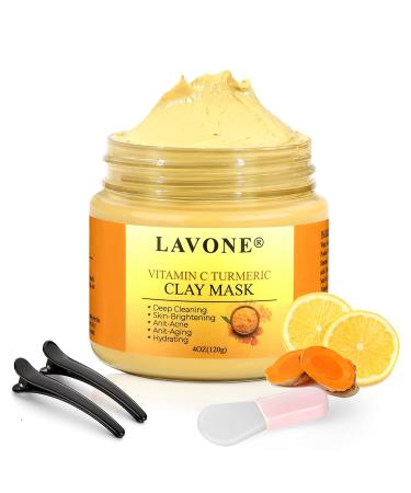 LAVONE Turmeric Vitamin C Clay Mask Face Mask Skin Care with Vitamin C Aloe and Turmeric Extract for Dark Spots Ances Blackheads Controlling Oil and Refining Pores 4 Oz for All Skin Types.