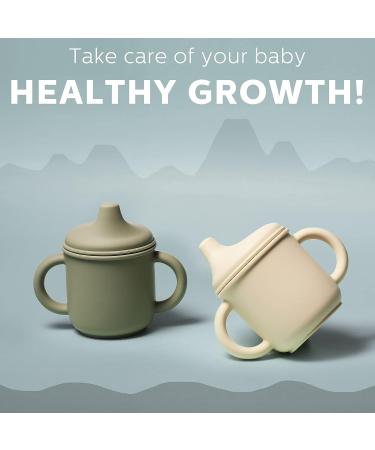Potchen Silicone Sippy Cup Set for Baby 6 Months+ | Spill-Proof Training Cup with Straw, Handles, and Spout Lid | Easy-Grip 5oz Cute Style in Green and Khaki - Buy Online on GoSupps.com