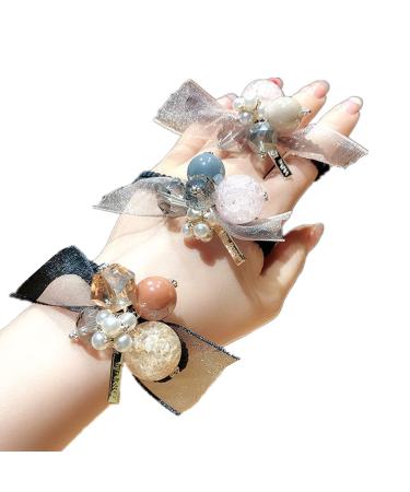 LOVEF 3Pcs Korean Hair Accessories Double Layer Hair Ring with Pearls Flower Bowknot Hair Rope Hairbands