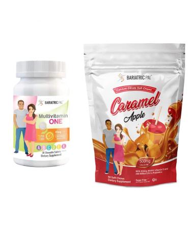 BariatricPal 30-Day Bariatric Vitamin Bundle (Multivitamin ONE 1 per Day! with 45mg Iron Chewable - Orange Citrus and Calcium Citrate Soft Chews 500mg with Probiotics - Caramel Apple)