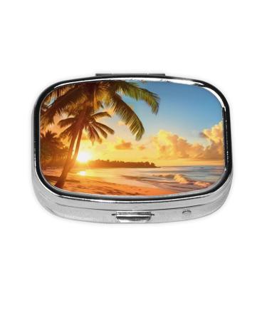 Sunset Hawaiian Palm Tree Print Compact Mini Pill Box Square-Shaped Full Frame Printed Design Ideal for Travel Easy to Open Lightweight Black Black One Size