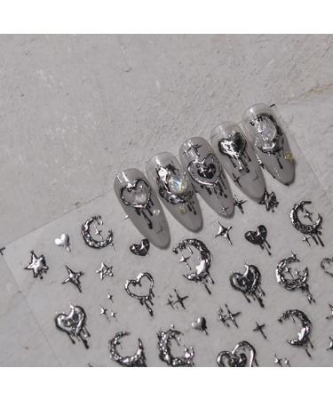 Silver Melted Heart Moon Stars 5D Acrylic Nail Art Stickers B Retro Design for Women