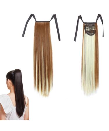 prinfantasy Human Hair Ponytail Extension Extension Wrap Around Hari Clip in on Pony Tail Synthetic Straight Hairpiece Light Brown Mix Blonde Wig GBMW036 GBMW036 22 inch