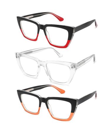 3 Pack Oprah Style Oversized Reading Glasses for Women Blue Light Blocking Computer Readers Anti UV Ray/Eye Strain/Glare Cat Eye Eyeglasses with Pouches