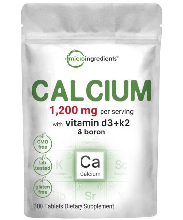 Micro Ingredients Calcium 1 200mg with Vitamin D3 & K2 300 Tablets | Calcium Supplements for Women & Men | Mineral Complex Support Bone Teeth Colon & Cardiovascular Health | Non-GMO Gluten-Free