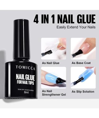TOMICCA 4-in-1 Super Gel Nail Glue for Acrylic Nails - Nail Extension Gel with Base Coat, Flat Rhinestone and Foil Glue - 8ml - Buy Online on GoSupps.com