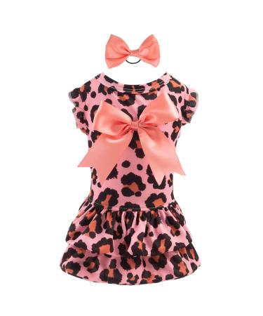 CuteBone Dog Velvet Dress Pink Leopard Puppy Skirt Costume Pet Outfit Cat Clothes with Bow Hair Rope Valentine's Day Gift DR23XXS XX-Small Pink Leopard