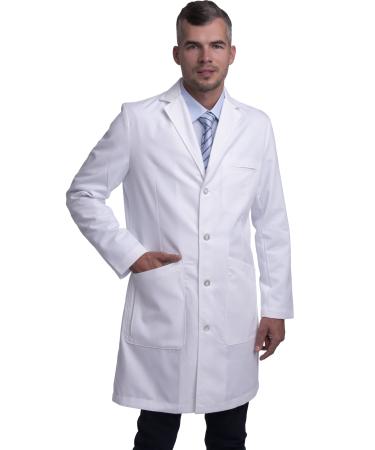 Dr. James Professional Lab Coat for Men Tailored Fit Four Button Closing Multiple Pockets White 39 Inch Length Medium