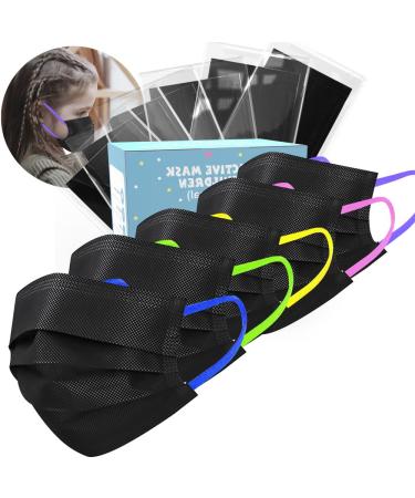Sheal Kids 100PCS Individually Packaged Black with Colorful Elastic Earloops Disposable Face Masks for Children ( 4-12 Years)