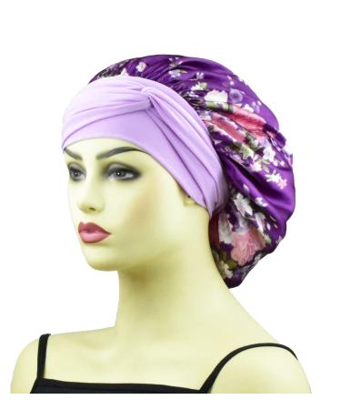 Satin Bonnet for Sleeping Curly Hair | Large Silk Sleep Bonnet Night Cap for Women | Black, Pink Floral & Purple Floral | Tie Band Included - Buy Online on GoSupps.com