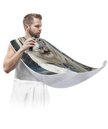 Animal White Tiger Beard Bib Apron Beard Hair Catcher for Men Shaving Fathers Day Anniversary Christmas Gifts for Dad Husband Beard Bib with 2 Suction Cups