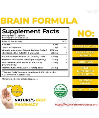 Cancer Sciences Brain Supplements for Memory and Focus - 1 500mg Brain Health Mushroom Supplement for Adults & Seniors - High Potency 40% Beta-Glucans for Immune Support & Vitamins 120 Capsules Brain Formula - Buy Online on GoSupps.com
