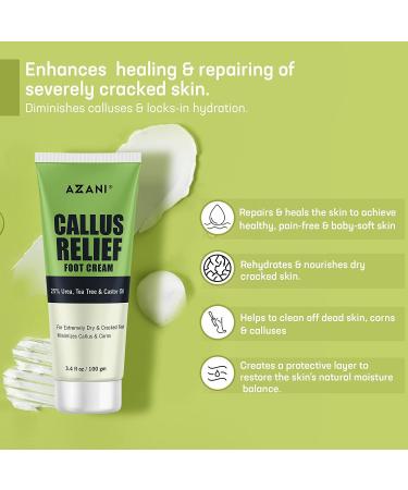 Azani Callus Relief Foot Cream - Intensive Exfoliator & Moisturizer with 25% Urea, Castor & Tea Tree Oil - for Callus, Corns, Cracked Feet & Hands - 3.5 Oz (100 gm) - Buy Online on GoSupps.com