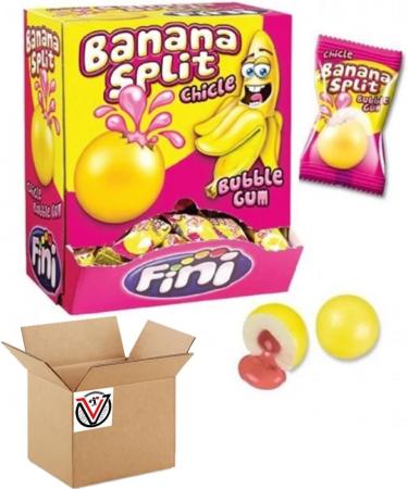 Fini Banana Split Bubble Gum Chicle - Banana Flavour Bubble Gum Balls with Strawberry Flavour Liquid Fill. (100 counts) - Buy Online on GoSupps.com