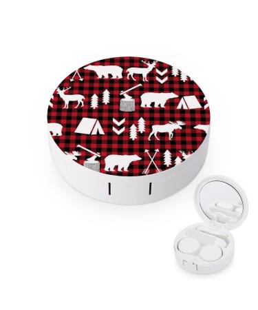 Buffalo Plaid Woodland Christmas Winter Round Contact Lens Case Print Portable Contact Lens Box Kit with Mirror Cute