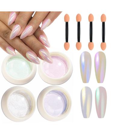 Pearl Chrome Nail Powder 4Pcs Magic Mermaid Chrome Nail Powder Metallic Mirror Effect Pigment Nail Glitter Shell Glitter Dust Kit for Gel Polish Nail Art Decoration with Tool Set 2