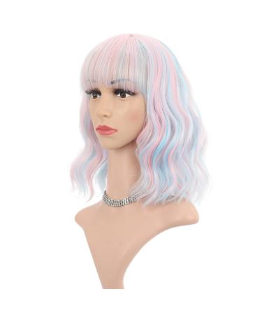 Faelbaty Mix Pink Short Wave Bob Wigen with pony curly wave synthetic cosplay wig for girls shoulder -length wig for women costume wigs candy colors (12 "mixed blue pink)