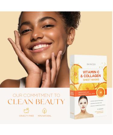 Skin 2.0 Vitamin C & Collagen Sheet Face Mask - Prevent Sun Damage, Reduce Acne Scars, Wrinkles & Brighten Skin - 5 Masks, Cruelty-Free Korean Skincare - Buy Online on GoSupps.com