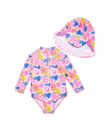 BONVERANO Baby Girls Swimsuit Toddler Bathing Suit Long-Sleeve Zipper One Piece Swimwear with UPF 50+ Sun Protection 3-6 Months Sunflower