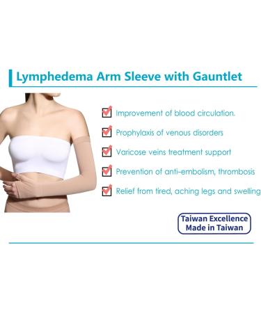 Lymphedema Arm Sleeve with Gauntlet - Graduated Compression 20-30 mmHg for Arm Support & Blood Circulation - Taiwan Excellence - Beige Small - 1 PC - International Shipping Available - Buy Online on GoSupps.com