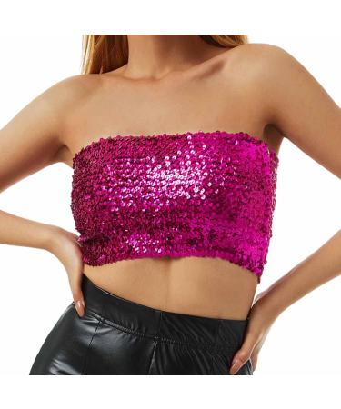 Kakaco Sequins Tube Top Stretch Bandeau Strapless Sequin Crop Top Party Club Wear Bra Top for Women and Girls D-rose Red