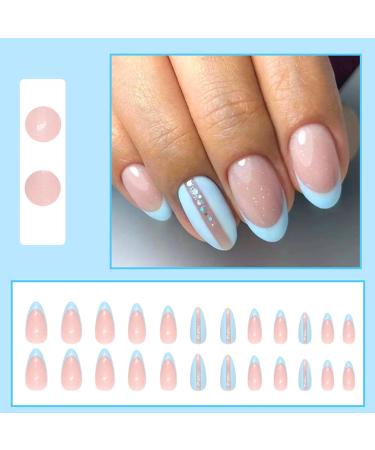 Almond Short Press-on Nails | 24Pcs Blue French Glitter Tips | Elegant Artificial Oval Shape | Glossy Stick-on False Nails for Women - Buy Online on GoSupps.com