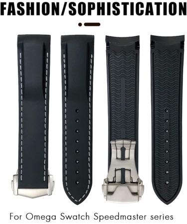 SAWIDEE 19mm Curved Rubber Watch Strap for Omega Speedmaster & Seamaster 300 - Black with Rose Buckle - International Shipping Available - Buy Online on GoSupps.com