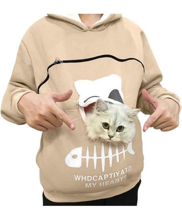 Womens Long-Sleeved Cat & Dog Hoodie Sweater with Big Zipper Bag - Warm Beige XL Perfect for Pet Lovers - Buy Online on GoSupps.com