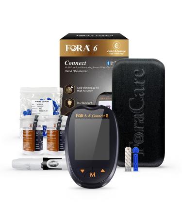 FORA 6 Connect Blood Glucose Set with 1 Meter, 50 Test Strips, 50 Lancets, Painless Design Lancing Device, Carry Case, Accurate Blood Sugar Measurement for Diabetes