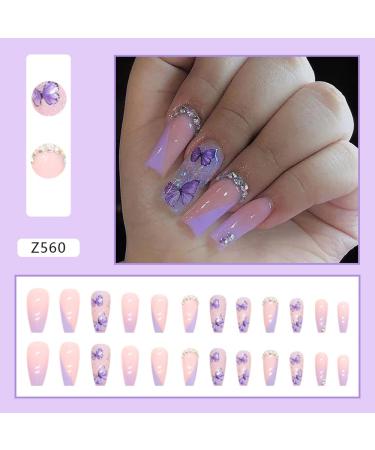 Medium Length Square Coffin Nude Fake Nails with Purple Butterfly 3D Rhinestones - 24Pcs - Buy Online on GoSupps.com